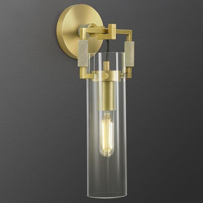 Modern Brass Wall Sconces,15.3'' Hardwired Wall Sconce with Knurled,Farmhouse Indoor Bathroom Sconce,Gold Vanity Lights for Bathroom,Glass Wall Sconce for Living Room,Bedroom,Hallway,Staircases
