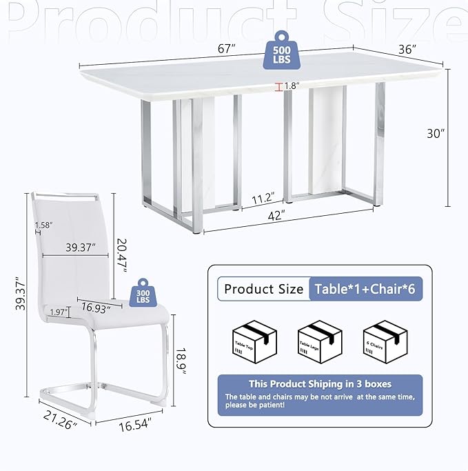 JUFU Dining Table Set for 6, 67'' Table and Chairs Set of 6 with Faux Marble Tabletop and Sturdy Leg, White Rectangle Dining Room Table Set for 6 with PU Chairs, Perfect for Dining Room and Kitchen