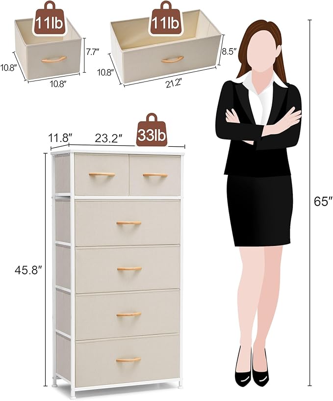 Crestlive Products Dresser for Bedroom Tall Skinny Dresser Storage Tower - Sturdy Steel Frame, Wood Top, Fabric Bins, Wood Handles - Organizer Unit for Entryway, Hallway, Closets - 6 Drawers (Beige)