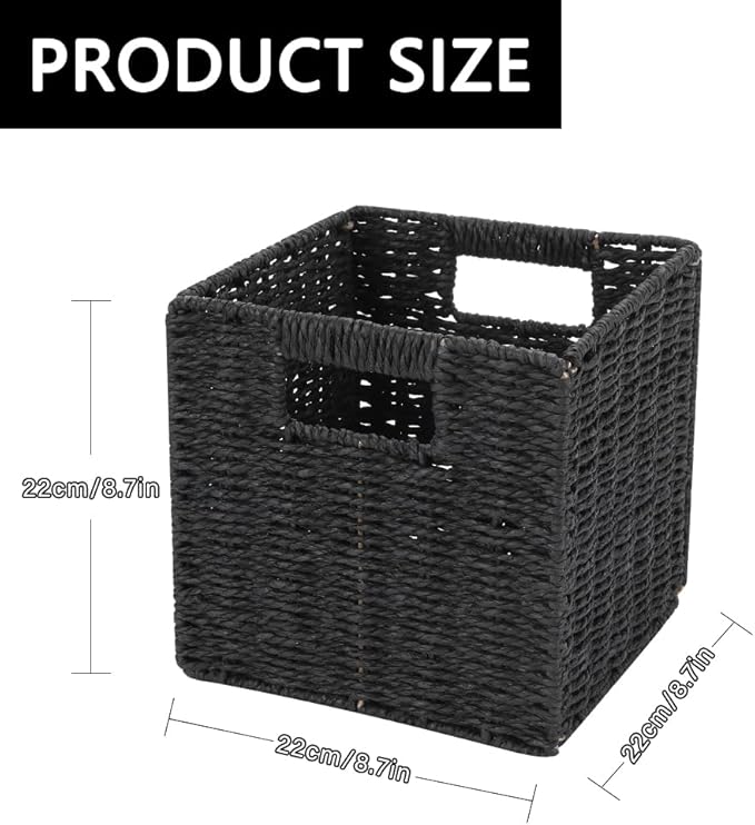 6 Pack 8.7 Inch Wicker Baskets, Hand Woven Paper Rope Storage Baskets, Foldable Cube Storage Bins Organizer Square Wicker Cubes for Shelves Pantry Organizing & Decor (Black)
