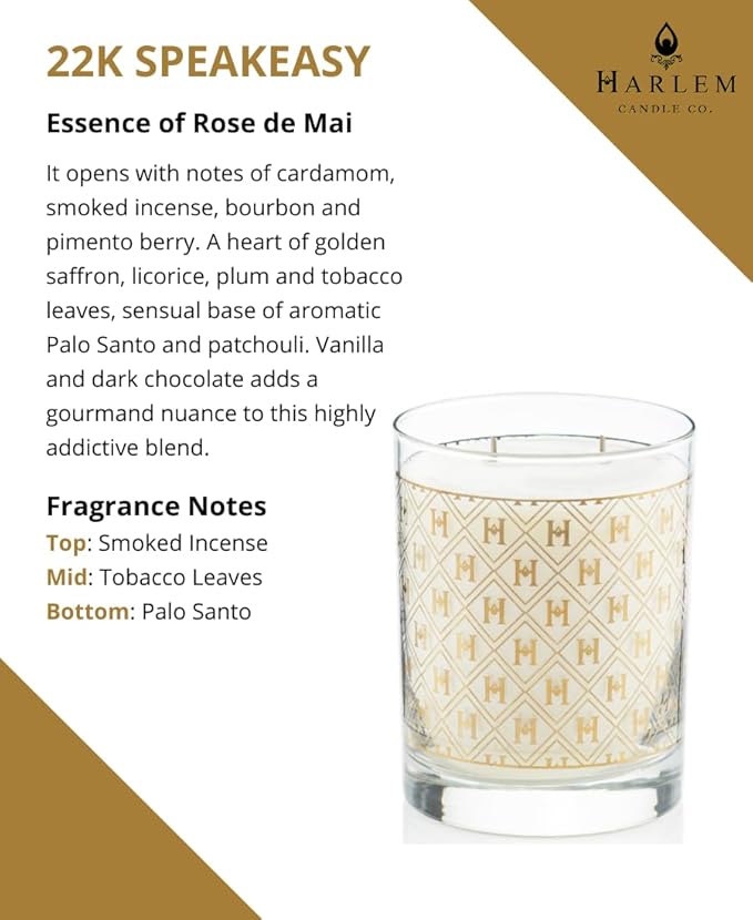 Harlem Candle Co. - Luxury Candle Gold 22K Speakeasy - 11 oz Glass Jar, Double Wick, Soy Wax, Gift Box, Palo Santo, Pimento Berry, Incense, Dark Chocolate, 80 Hour Burn