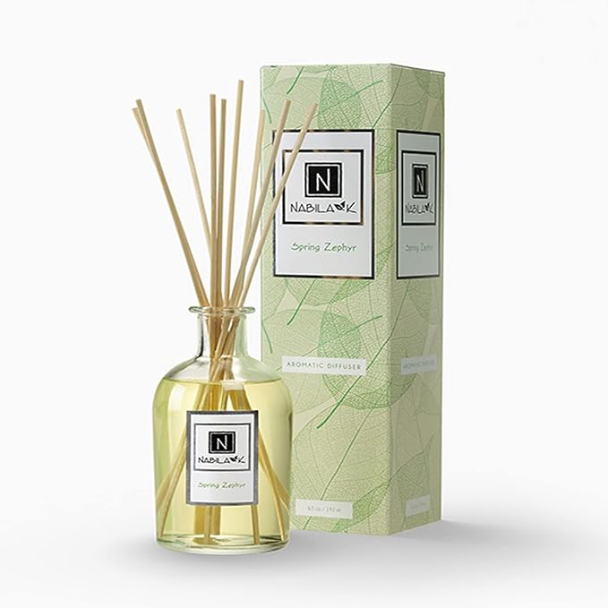 Nabila K Spring Zephyr Reed Diffuser Set – Light & Airy Aromatic Oil for Home – Long-Lasting, Smokeless Scent – Made in USA – Includes Reeds + Bottle – Flameless Candle Alternative