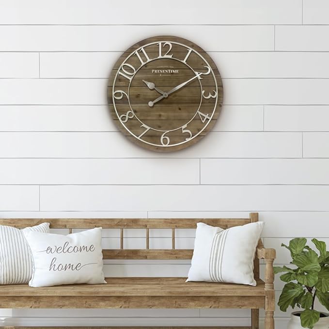 Presentime & Co Vintage Farmhouse Shiplap Clock, 19.5 inch, Silver Arabic Numerals with Weathered Pine Wood Shiplap Style. Large Farmhouse Decor for Living Room, Entryway, Home Office, Wall Décor