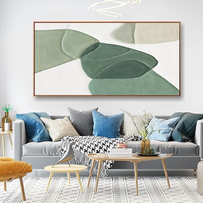 Modern Wall Art Large Geometric Green And White Geometric Color Block Line Art Painting Artwork Canvas Simple Picture Textured Artwork Framed For Living Room Bedroom Office Home Decor 29"X 58"