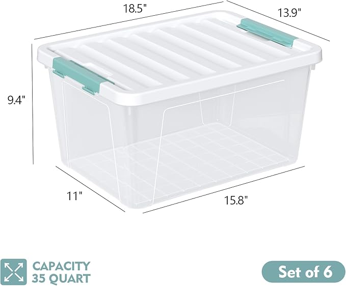 6-Pack 35 quart Large Plastic Storage Bin, Latching Box with Clear Base, White Lid and Green Latches