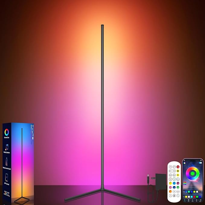 Corner Lamp, Led Floor Lamp, RGB Ambient Lighting, Smart Modern Floor Lamp with Remote, Color Changing Dimmable Corner Light with Music Sync, Mood Lighting for Bedroom, Living Room Gaming Room