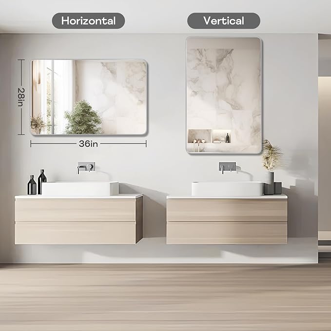 Silver Framed Bathroom Mirror, Brushed Nickel Large Rounded Corner Rectangle Wall Mirror, Tempered Glass, Shatter Proof, Anti-Rust, Hangs Horizontally or Vertically (28" x 36", Silver)