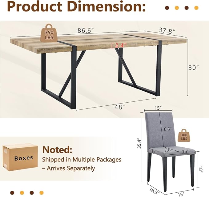 86.6" Dining Table Set for 6, Modern 7 Piece Wood Kitchen Table and Chairs Set, Rectangle Dining Room Table with 6 Linen Fabric Upholstered Chairs, Ideal for Apartment, Kitchen, Dining Room