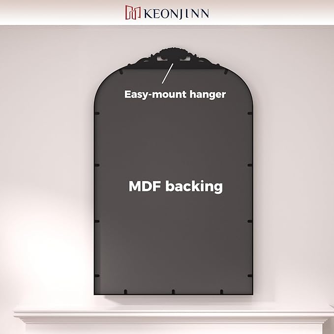 Keonjinn Arched Wall Mirror, 48" x 22" Vintage Mirror Full Length, Black Traditional Decoration Baroque Style, Ornate Mirrors for Hallway, Fireplace, French Cleat Mounting