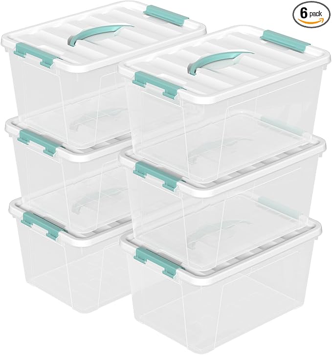 6-Pack Clear Storage Latch Bins, 14 L Plastic Storage Boxes with Lid
