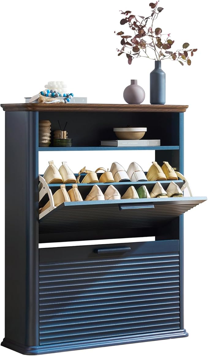 Okvnbjk Fluted Narrow Shoe Cabinet with 4 Flip Drawers, Hidden Shoe Storage Cabinet with Open Storage & Curved Profile Design, Wood Shoes Rack for Entryway, Hallway, Navy Blue