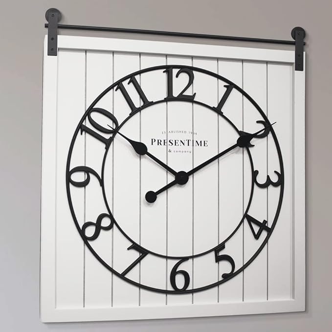 Presentime & Co Farmhouse Barn Door Clock, Shiplap Style, Cream White Color, Silent No Ticking, 3D Arabic Numeral, 23" H x 21" W. Home Decoration/Wall Decoration/Farmhouse Décor.