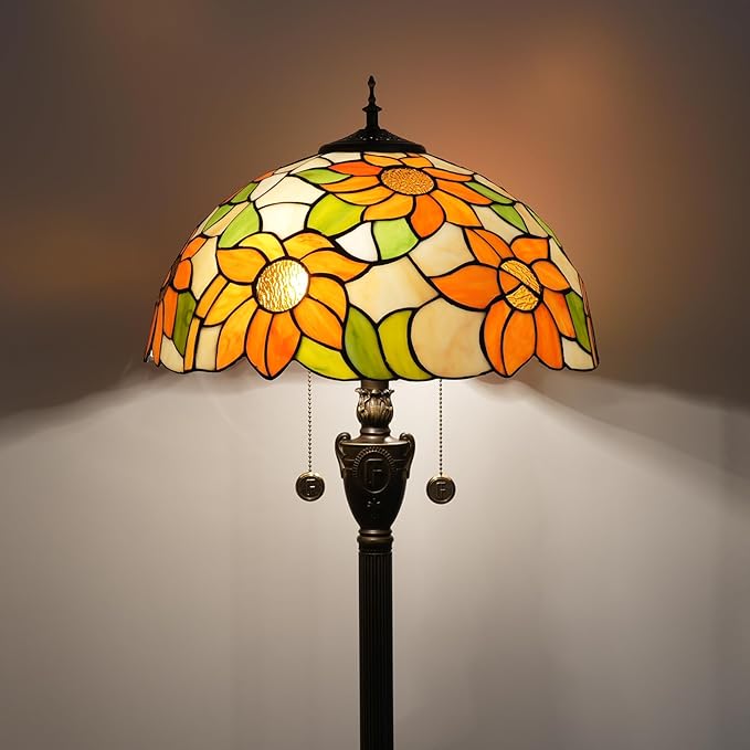 Tiffany Floor Lamp Sunflower Yellow Stained Glass Floor Light Bright Lighting Rustic Standing Lamp Vintage Unique Bronze Reading Corner Lamp for Home Decor Living Room Bedroom 16X16X64 Inches