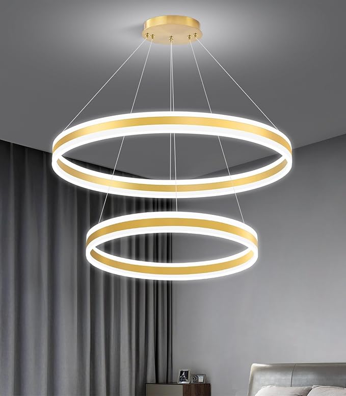 D23.6''+31.5'' Modern Ring Chandelier for Dining Room LED Dimmable Pendant Lighting High Ceiling Chandelier for Living Room Foyer Bedroom Entryway 3000K-6000K Gold