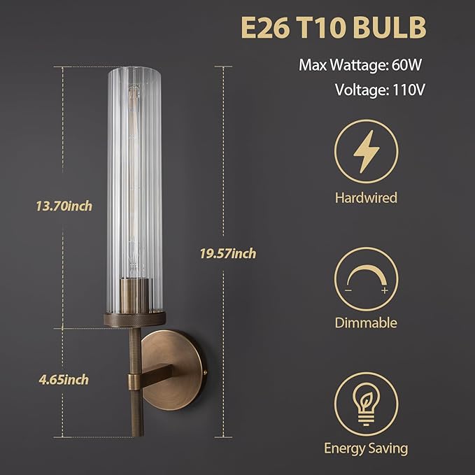 19.5" Knurled Brass Wall Sconce with Vertical Striped Glass Tube, Bronze Bathroom Vanity Light Fixtures, Modern Lamp Lighting for Bedroom, Living Room, Hallway, Staircase, Mirror, Kitchen