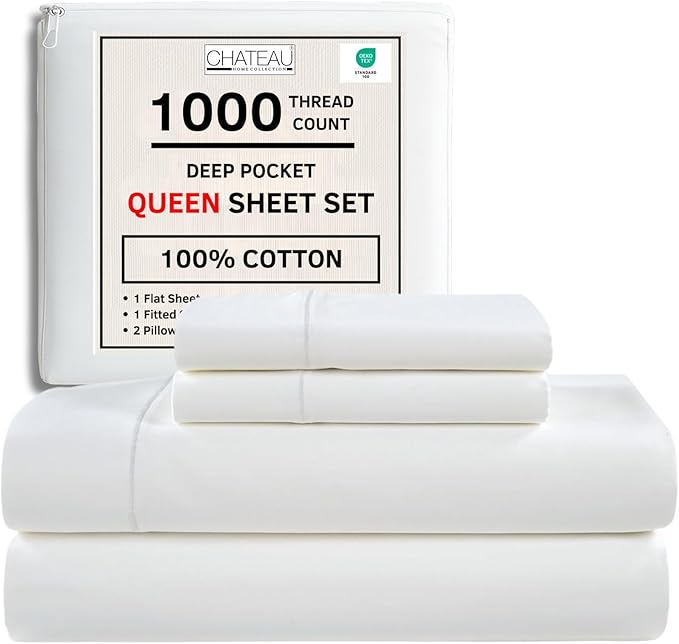 CHATEAU HOME COLLECTION 100% Cotton Sheets Queen Size Set - Certified 1000 Thread Count Breathable Soft & Comfy Sateen Weave, Machine Washable, 15" Deep Pocket Queen Sheet Set - White Sheets