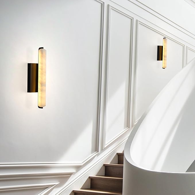 Alabaster Wall Sconces Set of Two, 15" Black Alabaster Sconce, Spanish Natural Marble Wall Sconce Lamp Indoor, Rectangle Modern Sconces Lighting for Bathroom Living Room Bedroom Stairs Hallway