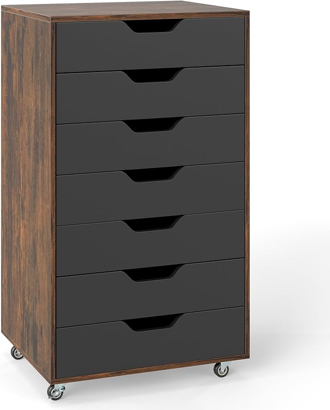 LOKO 7-Drawer Storage Cabinet, Versatile Drawer of Chest with Lockable Wheels, Mobile Office Lateral File Cabinet, for Home Office, Study (Rustic Brown + Black, 16" D x 19.5" W x 34.5" H)