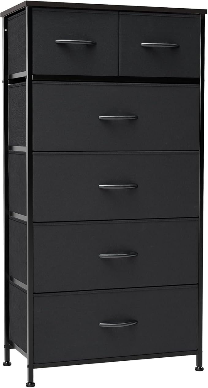 Crestlive Products Vertical Dresser Storage Tower - Sturdy Steel Frame, Wood Top, Easy Pull Fabric Bins - Organizer Unit for Bedroom, Entryway, Closets - 6 Drawers (Black)