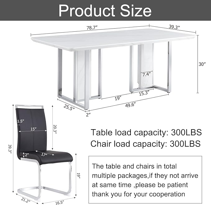 79 Inch Modern Dining Table Set for 8, White Luxury Kitchen Set with 1.8-inch Faux Marble Table Top & 8 PU Leather Upholstered Chairs for Dining and Living Room