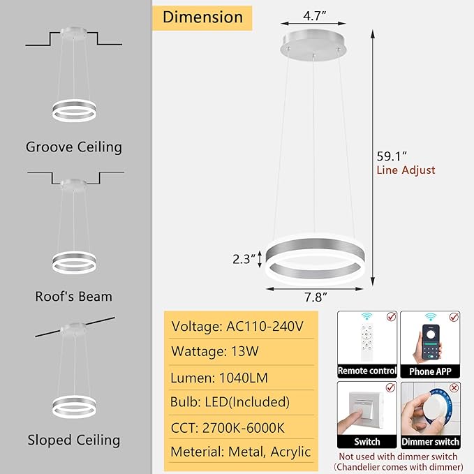 D7.8'' Modern Ring Chandelier for Dining Room LED Dimmable Pendant Lighting High Ceiling Chandelier for Living Room Foyer Bedroom Entryway 3000K-6000K Silver