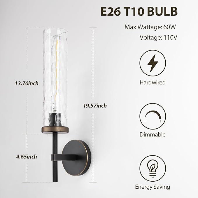 19.5" Knurled Brass Wall Sconce with Water Ripples Glass Tube, Black Gold Bathroom Vanity Light Fixtures, Modern Lamp Lighting for Bedroom, Living Room, Hallway, Staircase, Mirror, Kitchen