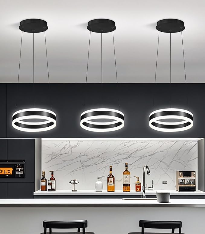 D7.8'' Modern Ring Chandelier for Dining Room LED Dimmable Pendant Lighting High Ceiling Chandelier for Living Room Foyer Bedroom Entryway 3000K-6000K Black
