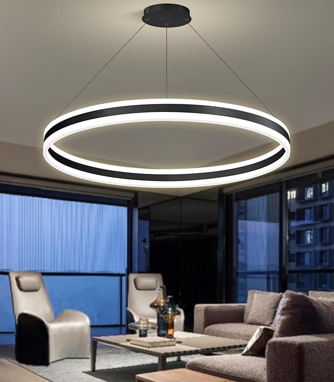 D31.5'' Modern Ring Chandelier for Dining Room LED Dimmable Pendant Lighting High Ceiling Chandelier for Living Room Foyer Bedroom Entryway 3000K-6000K Black