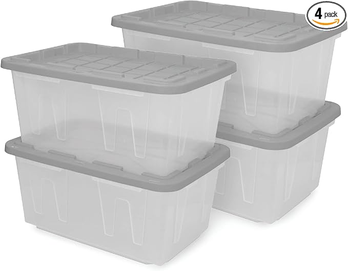 CX BLACK & YELLOW, 27-Gallon Heavy Duty Clear Storage Container & Snap-Tight Lid, Clear & Grey (14.3"H x 20.6"W x 30.6"D), Weather-Resistant, Stackable, See-Through Organization Tote [4 Pack]