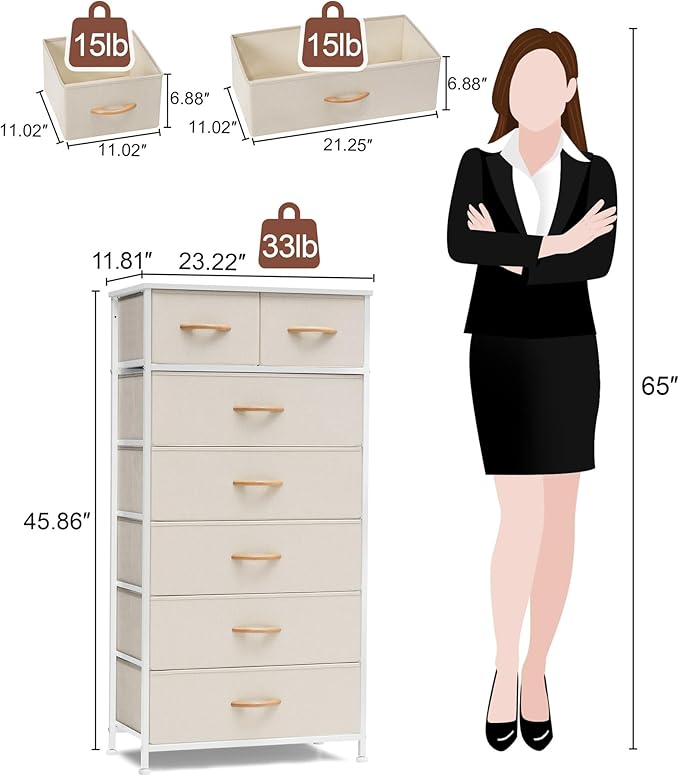 Crestlive Products Vertical Dresser Storage Tower - Sturdy Steel Frame, Wood Top, Easy Pull Fabric Bins, Wood Handles - Organizer Unit for Bedroom, Hallway, Entryway, Closets - 7 Drawers (Beige)