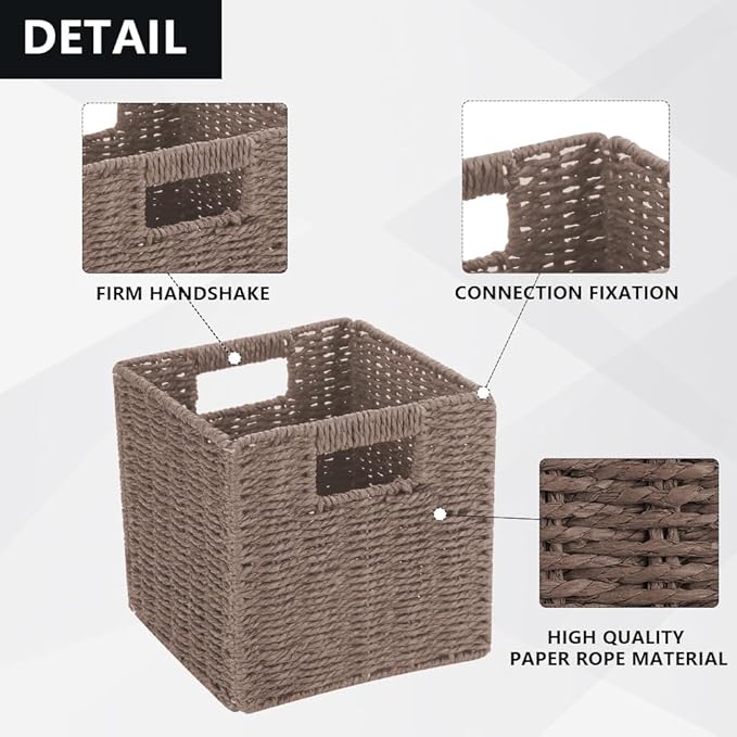 6 Pack 8.7 Inch Wicker Baskets, Hand Woven Paper Rope Storage Baskets, Foldable Cube Storage Bins Organizer Square Wicker Cubes for Shelves Pantry Organizing & Decor (Brown)