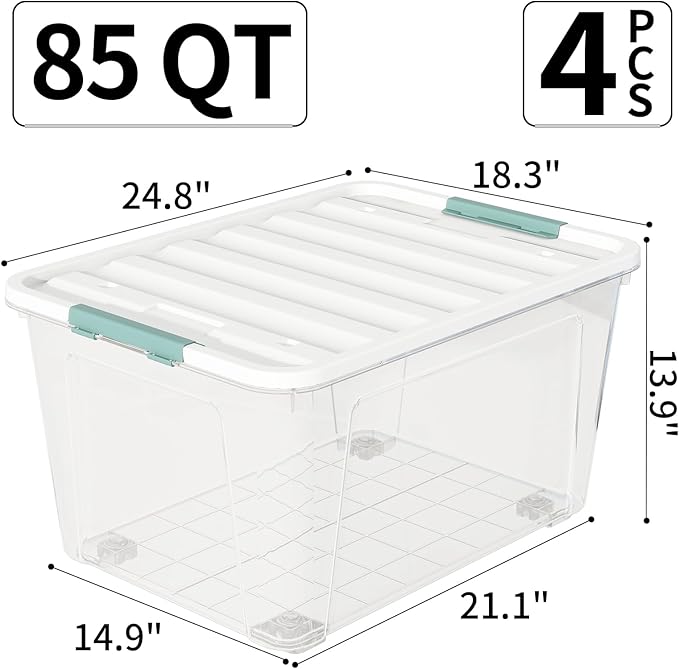 85-Quart Wheeled Latching Storage Box, Clear Stackable Organizer Box, Plastic Storage Bin Container with Latching Lids for Home Garage Organization (4 Pack)