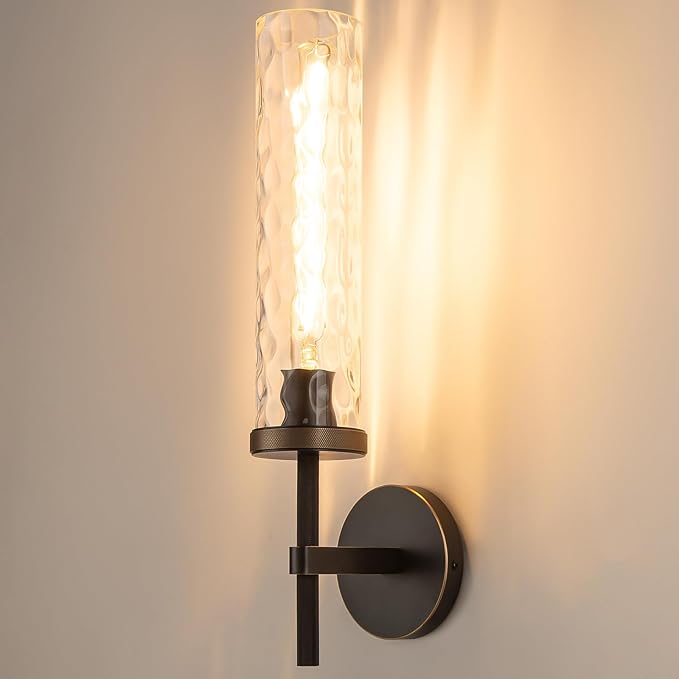 19.5" Knurled Brass Wall Sconce with Water Ripples Glass Tube, Black Gold Bathroom Vanity Light Fixtures, Modern Lamp Lighting for Bedroom, Living Room, Hallway, Staircase, Mirror, Kitchen