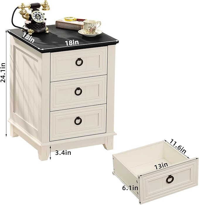 18" Farmhouse Night Stands Set of 2 with Charging Station, 2 & 3 Drawers End Table Dresser for Bedroom, White Wooden Nightstand, Bed Side Table with Open Shelf, Bedside Cabinet for Living Room