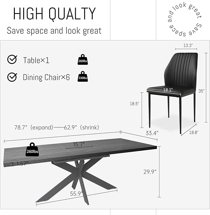 ZckyCine Dining Table Set for 6, Modern 78'' Dark Wood Dining Table and Fabric Dining Chairs Set of 6,Table and Chairs Set of 6,Ideal for Kitchen Dining Room