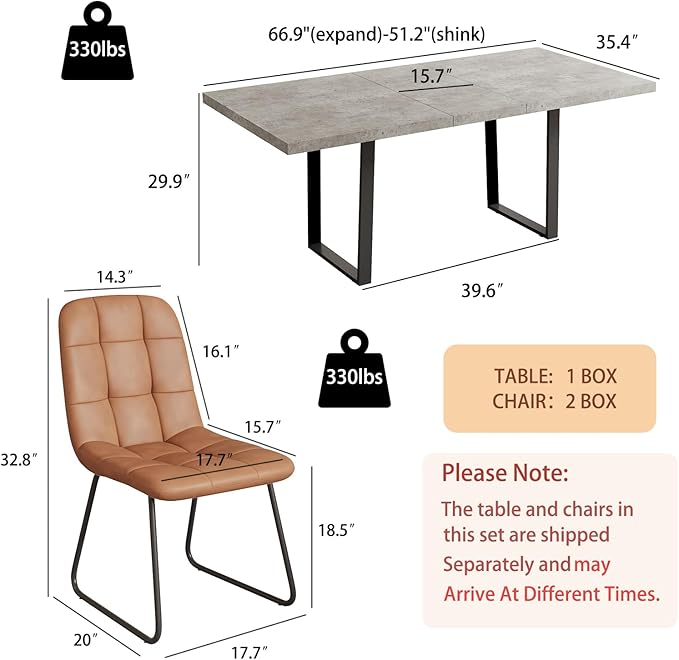 ZckyCine 51''-67'' Modern Extendable Dining Table Set, Rectangular Wood Table with 6 PU Leather Chairs, Space-Saving Design, Adjustable Length, Comfortable Seating for 6 People, Ideal for Dining Room