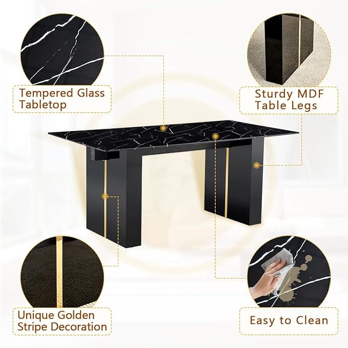 71'' Dining Table Set for 6，7 Piece Dining Table Set, Faux Marble Dining Room Table and PU Leather Chairs Set of 6 for Kitchen, Dining Room,Easy to Assemble