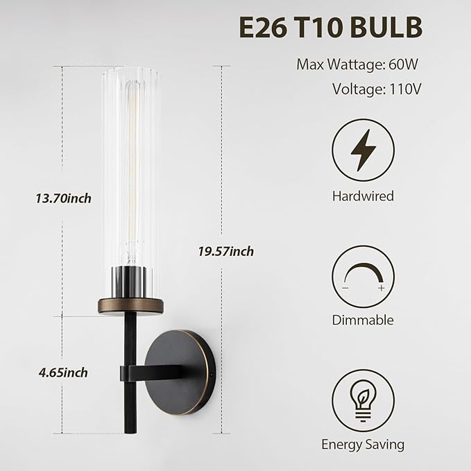 19.5" Knurled Brass Wall Sconce with Vertical Striped Glass Tube, Black Gold Bathroom Vanity Light Fixtures, Modern Lamp Lighting for Bedroom, Living Room, Hallway, Staircase, Mirror, Kitchen