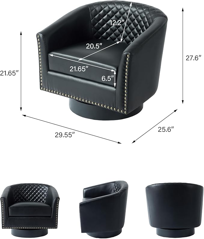 Swivel Barrel Accent Chair, Comfy Modern Upholstered Round Faux Leather Arm Chair for Living Room, Bedroom（Black, Set of 1
