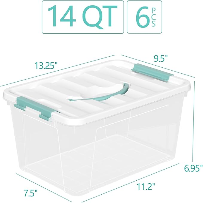 Plastic Storage Box with Lids, Clear Plastic Latching Bins, 14 Quart, Pack of 6
