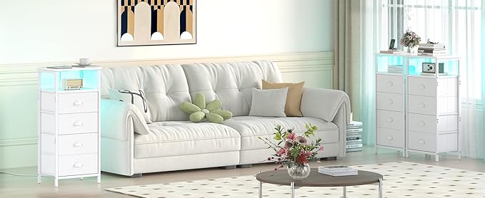 Nightstand with Charging Station,LED White Nightstand with 4 Fabric Drawers PU Finish, Bedside End Tables, 2-Tier Open Storage Shelf Side Table Nightstand with Drawers for Bedroom,White