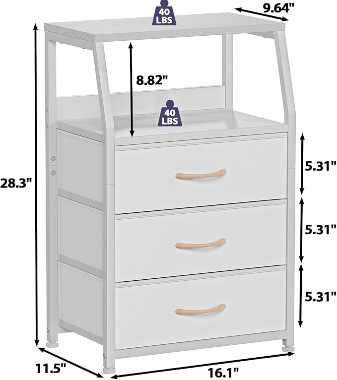Furnulem White Nightstand with 3 Drawers and 2-Tier Shelf, Small Night Stand End Table Side Furniture, Fabric Storage Organizer for Bedroom, Closet, Hallway, Nursery, Sturdy Steel Frame, Wood Top