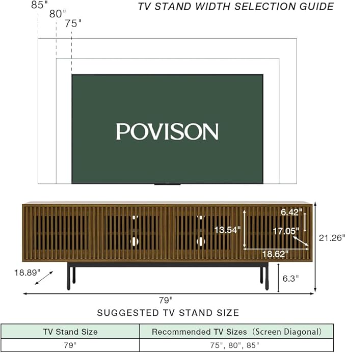POVISON Mid-Century Modern TV Stand with Slatted Doors, Fully Assembled 78.74" Wood Media Console, TV Console with Tall-cast Metal Legs, Entertainment Center with Storage for Living Room