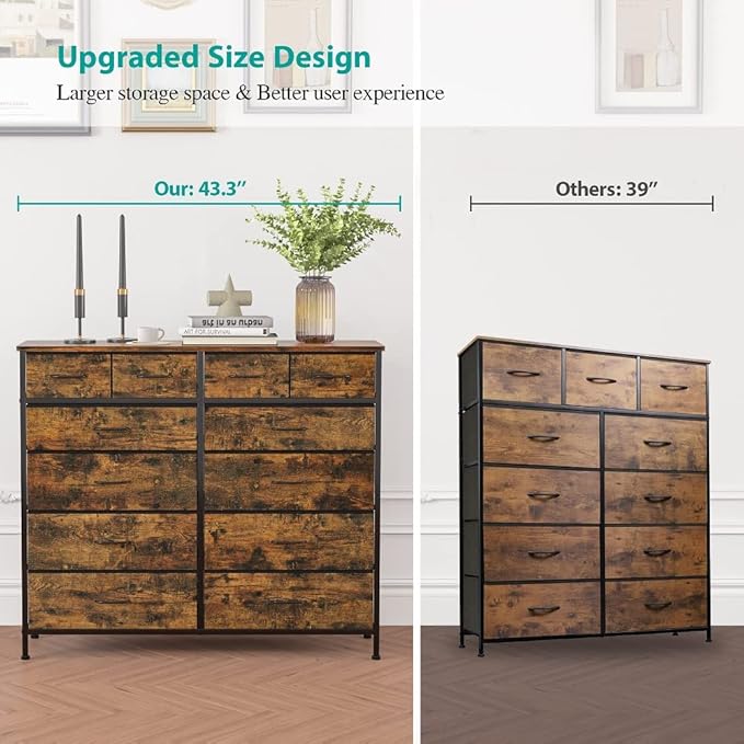Dresser for Bedroom with 12 Drawers, Tall Fabric Drawer Dresser, Chest of Drawers for Closet, Nursery, Bedside, Living Room, Laundry, Entryway, Hallway(Rustic Brown)