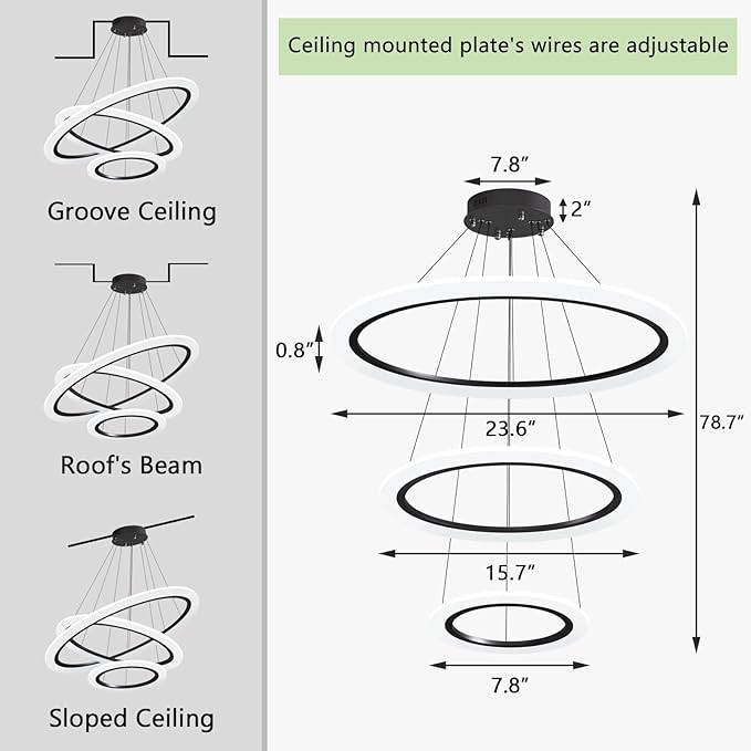 Modern LED Chandelier 3 Ring Chandelier for Dining Room Living Room Pendant Lighting High Ceiling Hanging Light Fixture for Bedroom Foyer Black