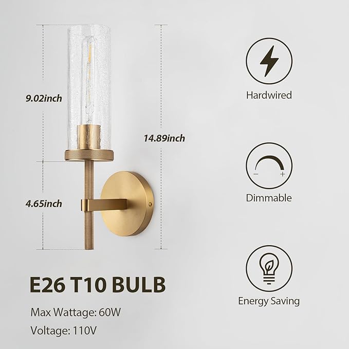 15" Knurled Brass Wall Sconces Set of 2, Gold Bathroom Vanity Light Fixtures with Crackle Glass Tube, Modern Lamp Lighting for Bedroom, Living Room, Hallway, Staircase, Mirror, Kitchen