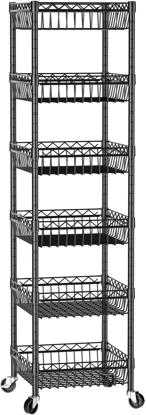 SINGAYE 6 Tier Shelf Wire Rack Shelving with Wheels Metal Storage Shelves Adjustable Closet Bathroom Organizers Baskets Pantry Kitchen Garage Laundry Room 13.5" D x 13.5" W x 63" H Black