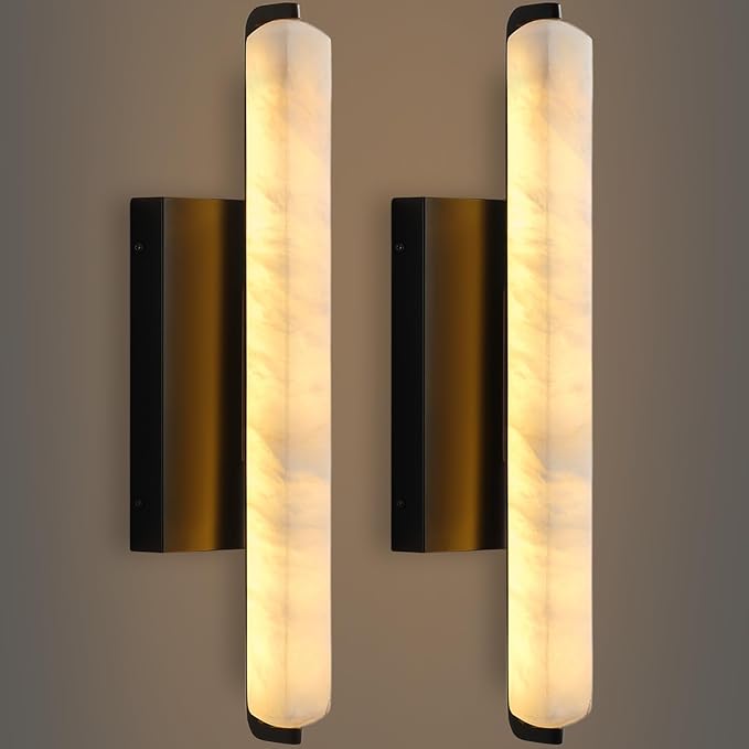 Alabaster Wall Sconces Set of Two, 15" Black Alabaster Sconce, Spanish Natural Marble Wall Sconce Lamp Indoor, Rectangle Modern Sconces Lighting for Bathroom Living Room Bedroom Stairs Hallway