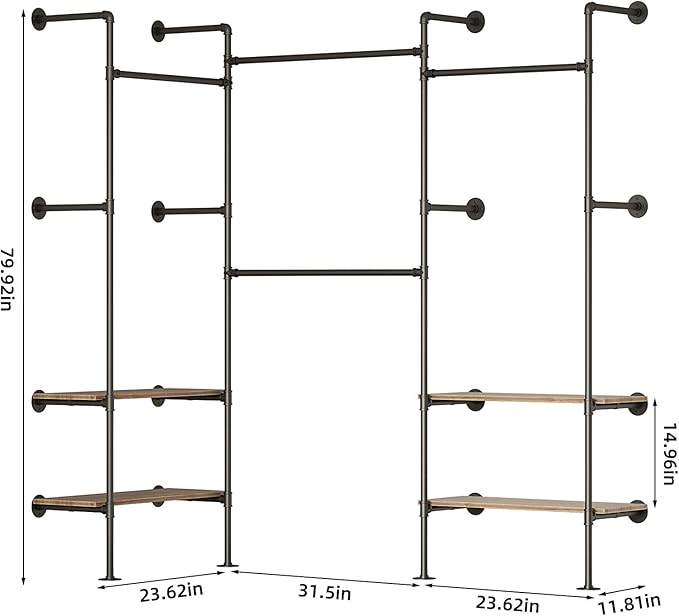 Industrial Pipe Clothing Rack, Wall Mounted Clothes Rack for Hanging Clothes, Retail Display Rack with Shelves, Add Corner installation Method (Black, III-2Tier)