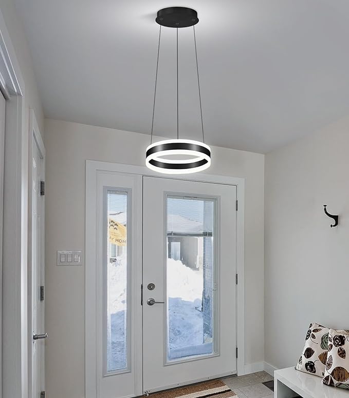 D7.8'' Modern Ring Chandelier for Dining Room LED Dimmable Pendant Lighting High Ceiling Chandelier for Living Room Foyer Bedroom Entryway 3000K-6000K Black